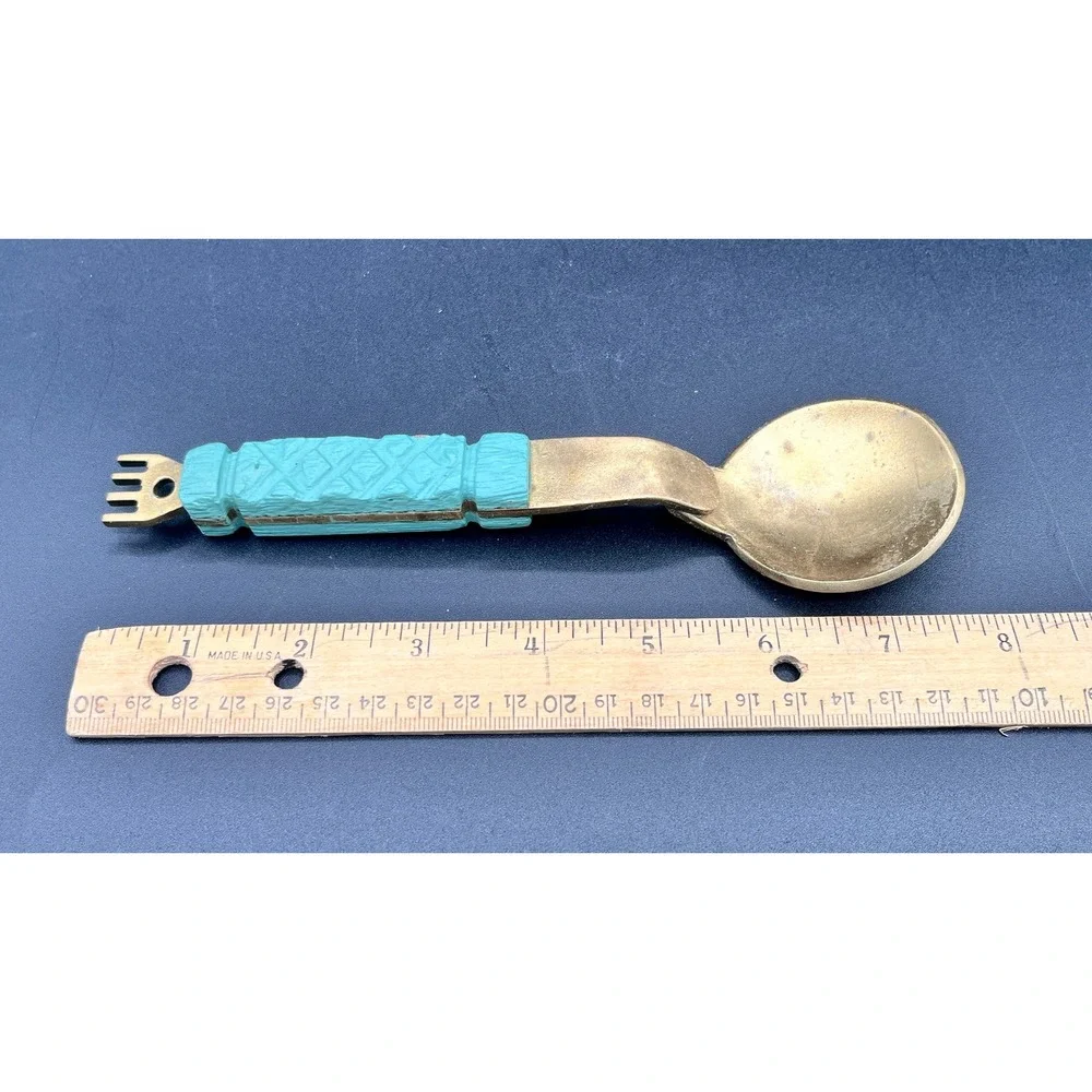 Vtg‎ Lg Hammered Brass Wood Serving Fork Smaller 2-Prong Fork Spoon Handcrafted
